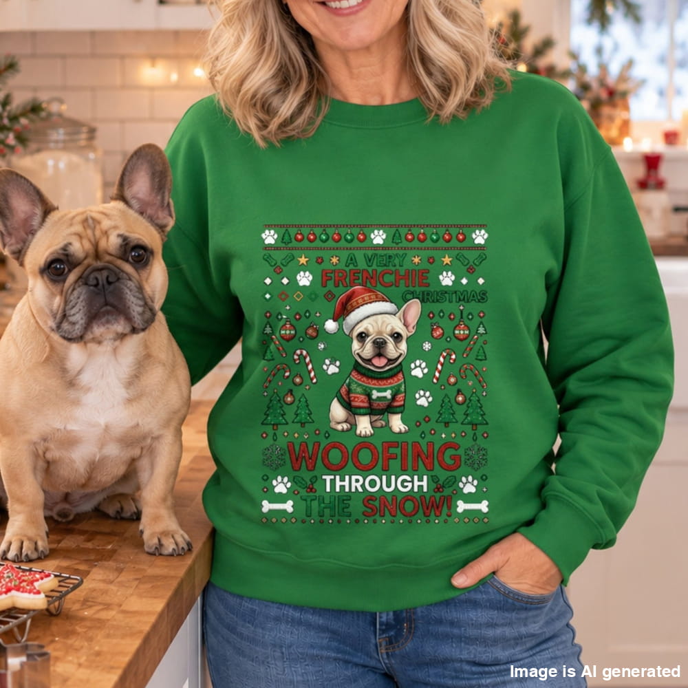 A woman wearing a bright green crewneck sweatshirt with a festive French Bulldog Christmas graphic, standing next to a French Bulldog on a kitchen counter.