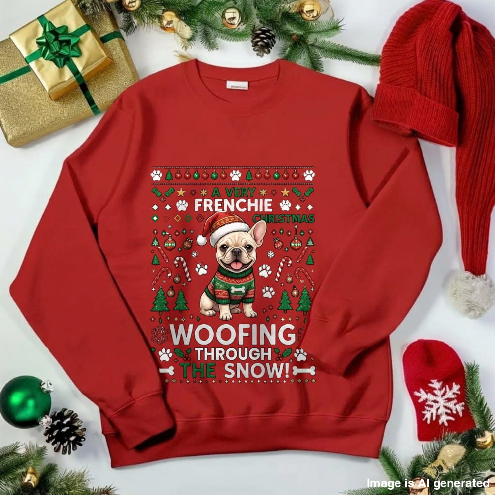A red crewneck sweatshirt with a festive Christmas graphic featuring a French Bulldog wearing a Santa hat and sweater, surrounded by holiday text and paw prints. The sweatshirt is styled in a flat-lay arrangement with a red knit hat, a red snowball glove, a gold gift box, and pine decorations on a white background.