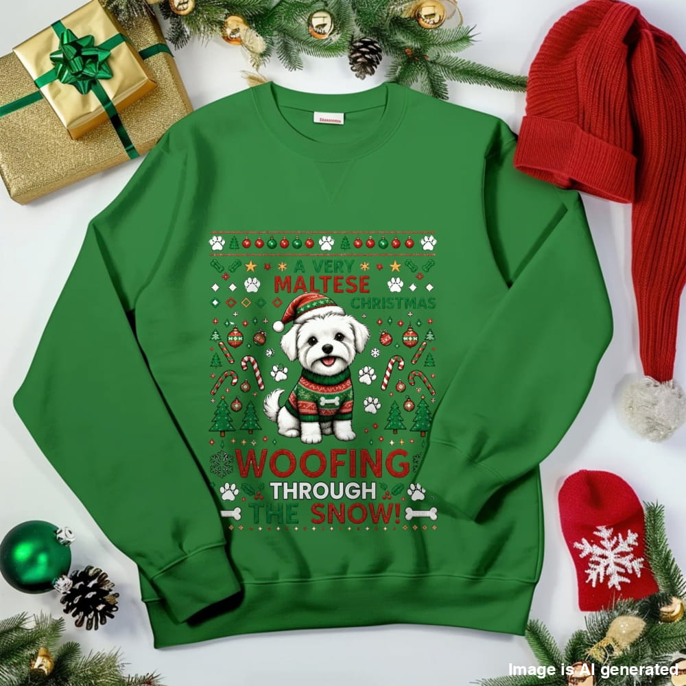 A green crewneck sweatshirt featuring a festive Christmas graphic of a white Maltese dog wearing a Santa hat and sweater, surrounded by holiday text and ornaments. The sweatshirt is styled in a flat-lay arrangement with red knit hats, a gold gift box, pine branches, and gold ornaments on a white background.