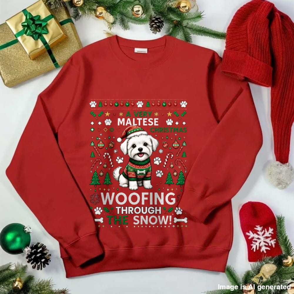 A red crewneck sweatshirt with a festive Christmas graphic featuring a white Maltese dog wearing a green sweater and hat, surrounded by holiday text and icons. The sweatshirt is styled in a flat-lay arrangement with Christmas decorations including a red knit hat, a red boot, pine branches, ornaments, and a wrapped gift box on a white background.