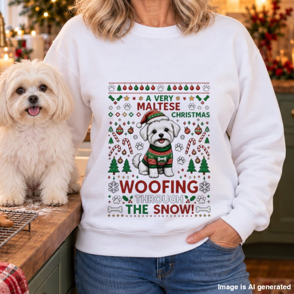 A woman wearing a white crewneck sweatshirt with a festive Christmas graphic of a Maltese dog wearing a Santa hat and sweater, surrounded by holiday icons and the text 'A VERY MALTESE CHRISTMAS WOOFING THROUGH THE SNOW!'. A small white dog sits on a wooden counter to the left in a cozy, blurred holiday kitchen setting.
