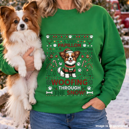 A woman in a green sweatshirt holding a brown and white Papillon dog outdoors in the snow. The sweatshirt features a festive graphic with a Papillon dog wearing a sweater and the text 'A VERY PAPILLON WOOFING THROUGH THE SNOW!'.