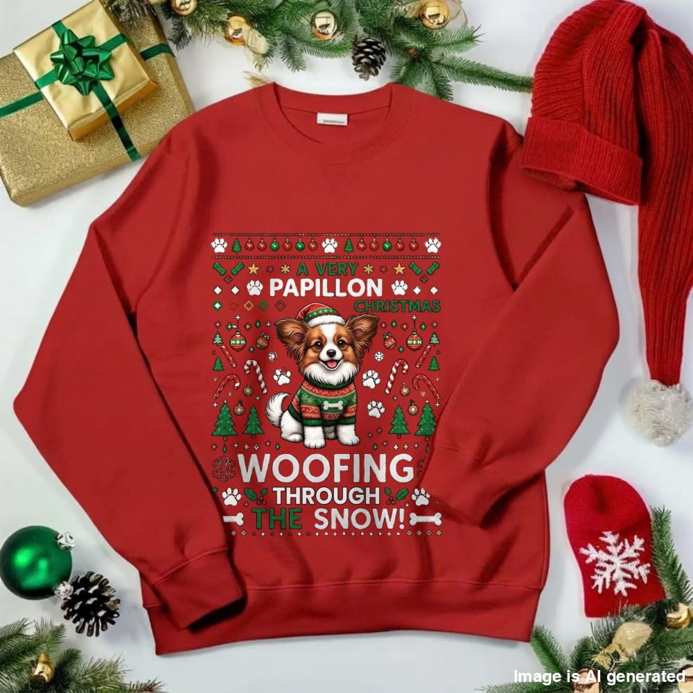 A red crewneck sweatshirt featuring a festive Christmas graphic of a Corgi wearing a sweater and hat, with the text 'PAPILLON CHRISTMAS WOOFING THROUGH THE SNOW!'. The sweatshirt is styled in a flat-lay holiday setting with a red knit hat, a red snow hat, pine branches, pinecones, ornaments, and a wrapped gift box on a white background.