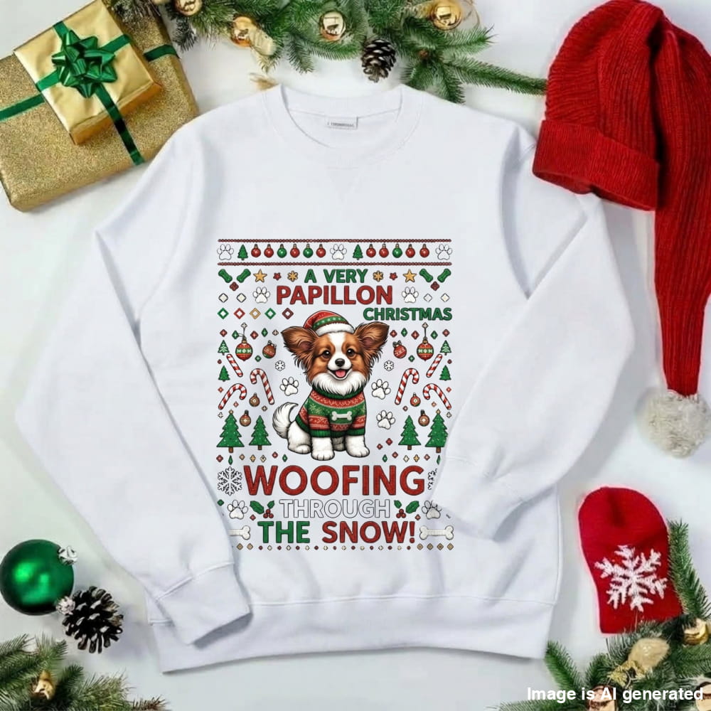A white crewneck sweatshirt with a festive Christmas graphic featuring a Papillon dog in a holiday sweater and the text 'A VERY PAPILLON CHRISTMAS WOOFING THROUGH THE SNOW!'. The sweatshirt is styled in a flat-lay with Christmas decorations including a red knit hat, a red snowflake beanie, a gold wrapped gift, pine branches, and ornaments on a white background.