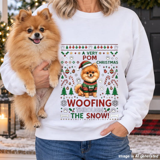 A person wearing a white crewneck sweatshirt with a festive Christmas graphic of a Pomeranian dog wearing a Santa hat and sweater, surrounded by holiday motifs and the text 'A VERY POM CHRISTMAS WOOFING THROUGH THE SNOW!'. The person is holding a small fluffy Pomeranian dog in a snowy outdoor setting.