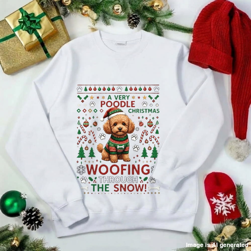 A white crewneck sweatshirt with a festive Christmas graphic featuring a brown poodle wearing a red and green Santa hat and sweater, surrounded by holiday motifs and the text 'A VERY POODLE CHRISTMAS WOOFING THROUGH THE SNOW!'. The sweatshirt is styled in a flat-lay arrangement with Christmas decorations including pine branches, ornaments, a gold gift box, and red knit Santa hats.