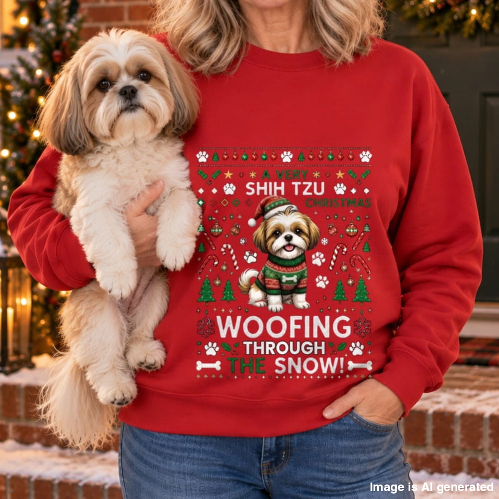 A woman wearing a red Christmas sweatshirt with a Shih Tzu graphic and the text 'WOOFING THROUGH THE SNOW!' holds a small Shih Tzu dog in front of a decorated holiday background.