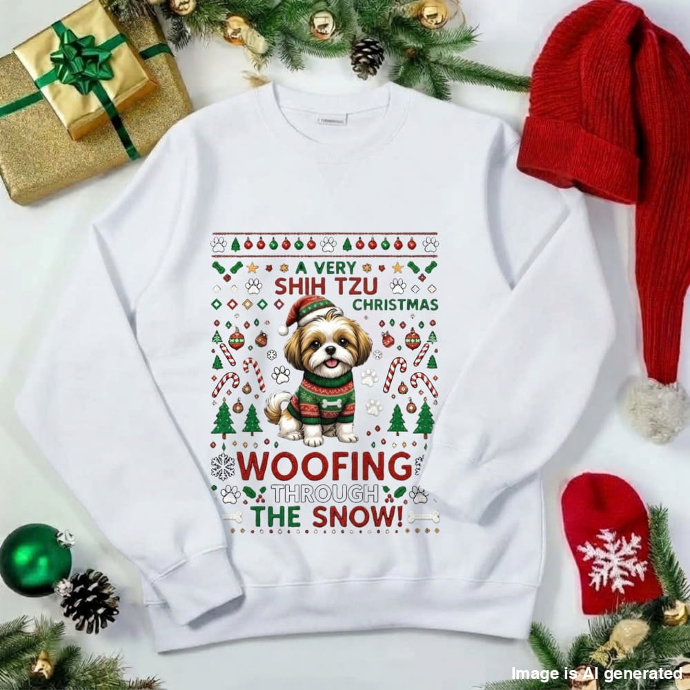 A white crewneck sweatshirt with a festive Christmas graphic featuring a dachshund wearing a sweater and the text 'A VERY COOL DOXIE CHRISTMAS WOOFING THROUGH THE SNOW!'. The sweatshirt is styled in a flat-lay arrangement with holiday decorations including pine branches, ornaments, a gold gift box, a red knit hat, and a red knit bootie.