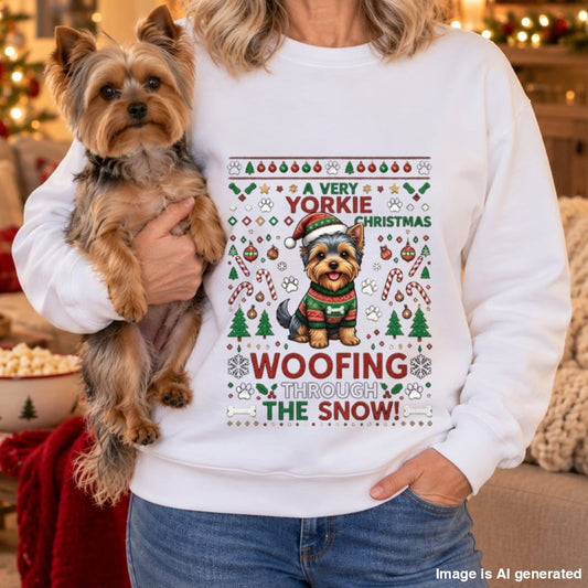 A person wearing a white crewneck sweatshirt with a festive Christmas graphic of a Yorkshire Terrier dog wearing a Santa hat and sweater, with the text 'A VERY YORKIE CHRISTMAS WOOFING THROUGH THE SNOW!'. The person is holding a small Yorkshire Terrier dog in a cozy, warmly lit living room setting.