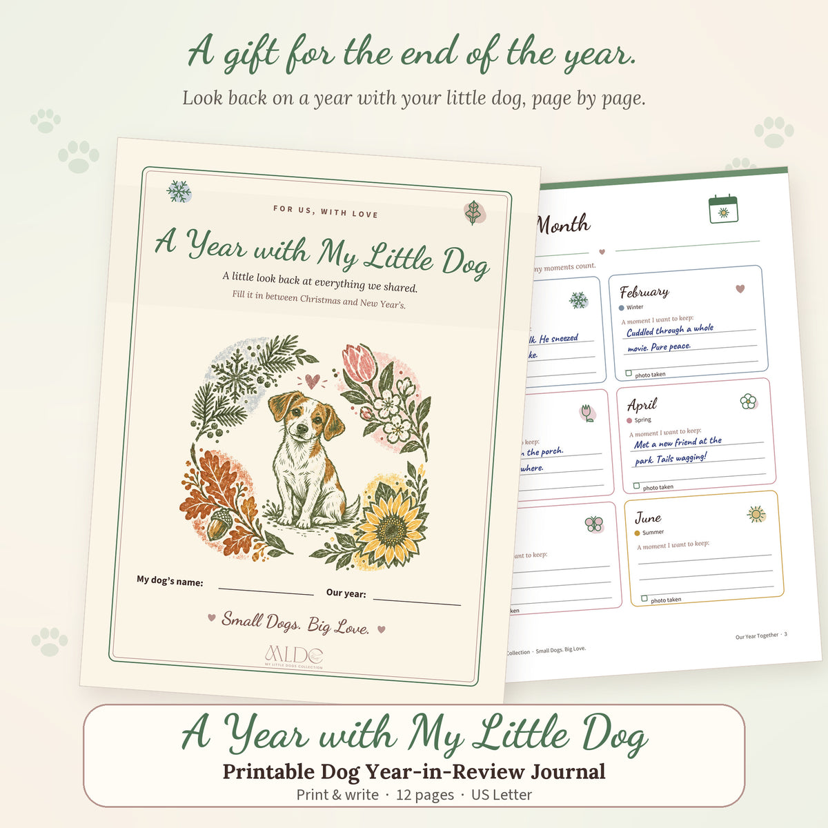 Printable A Year with My Little Dog journal cover with a linocut-style dog among four seasons and a sample month page
