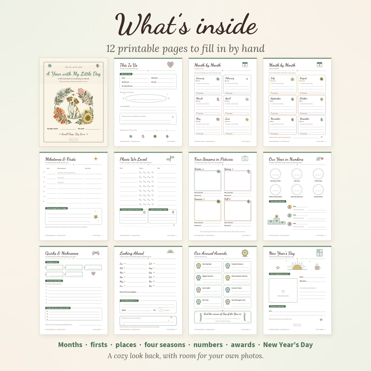 Overview of all 12 printable pages: cover, this is us, month by month, milestones, places, four seasons, numbers, quirks, looking ahead, awards and New Year's Day