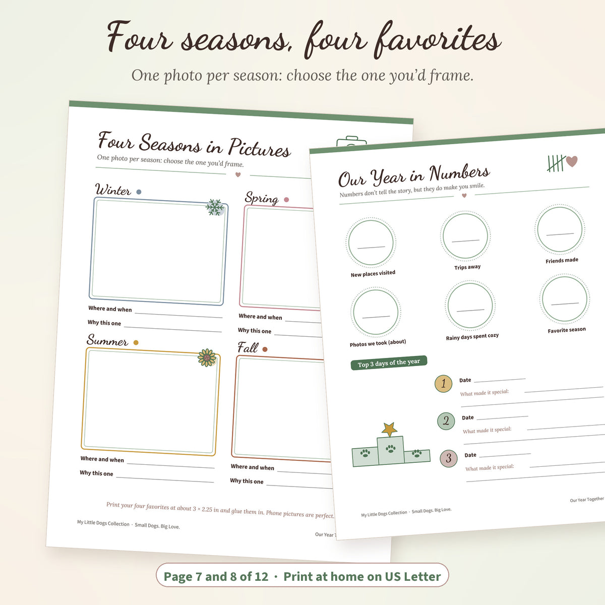 Four Seasons in Pictures page with four photo frames and the Our Year in Numbers page with counting circles and a podium