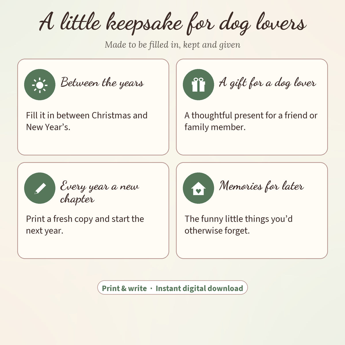Printable dog year-in-review journal for the days between Christmas and New Year's, as a gift for dog lovers, for every new year and for memories