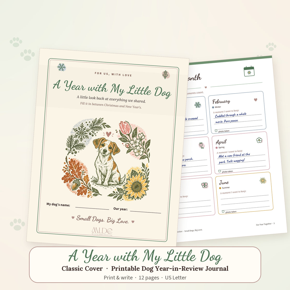 A Year with My Little Dog printable journal cover showing a friendly mixed-breed puppy in linocut style among the four seasons, with a sample Month by Month page