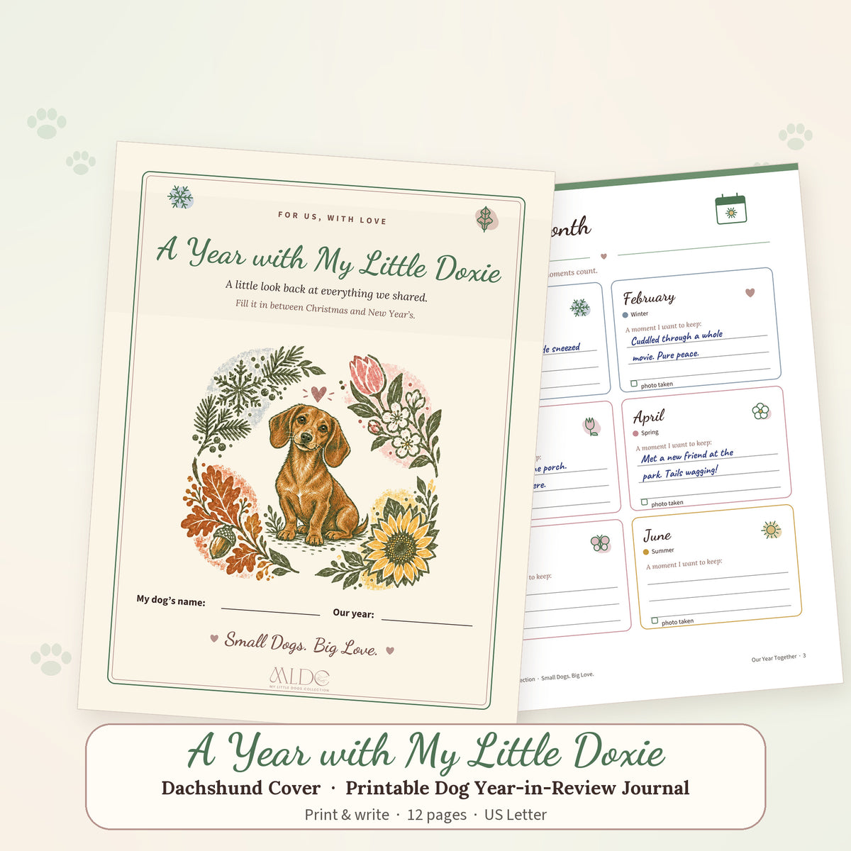 A Year with My Little Doxie printable journal cover showing a Dachshund in linocut style among the four seasons, with a sample Month by Month page
