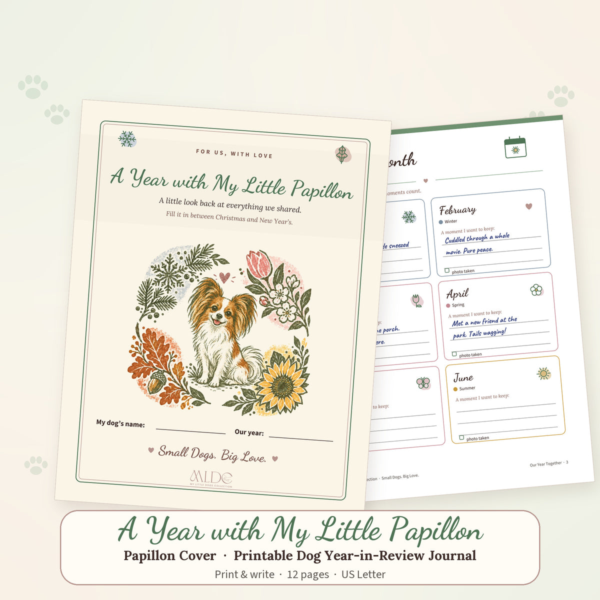 A Year with My Little Papillon printable journal cover showing a Papillon in linocut style among the four seasons, with a sample Month by Month page