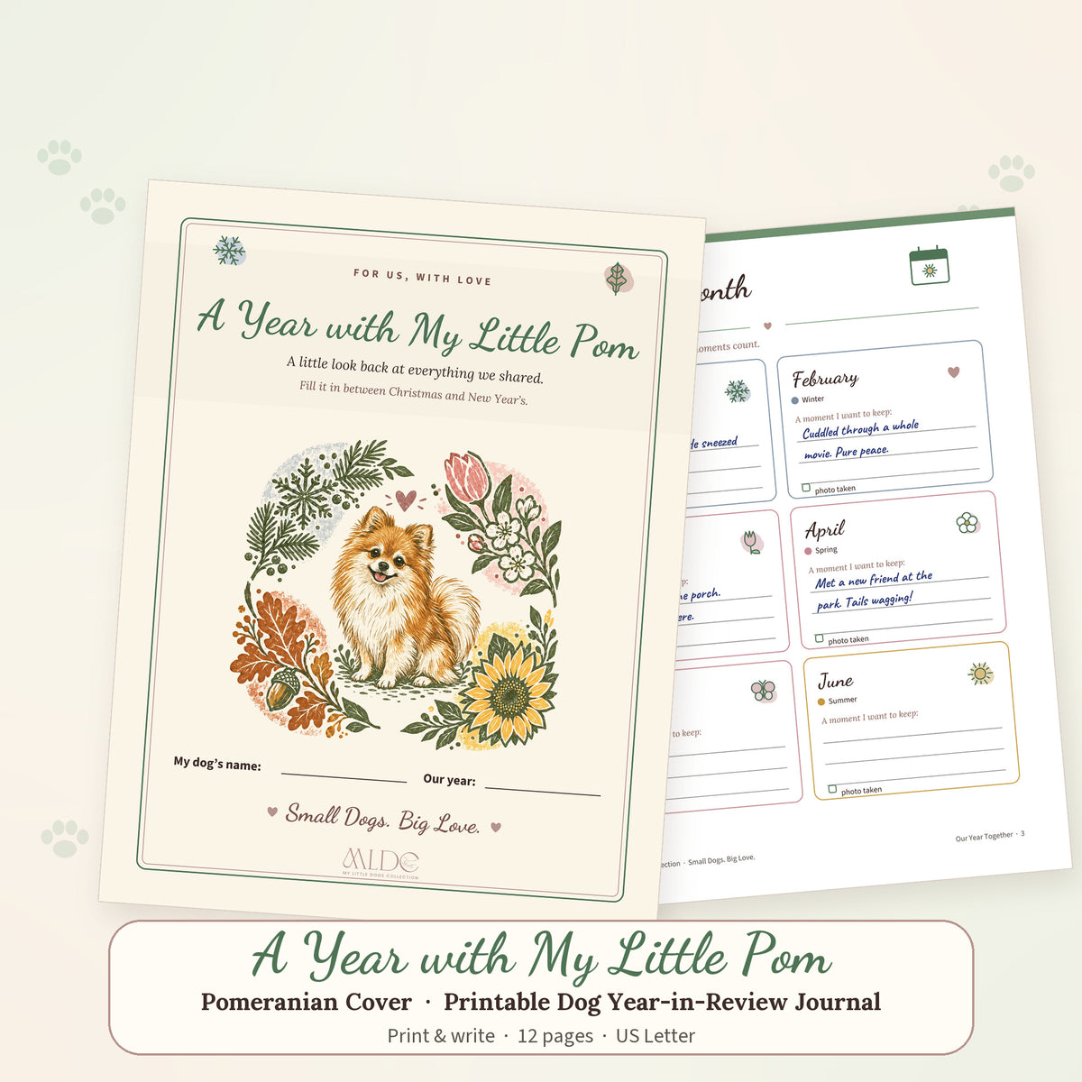 A Year with My Little Pom printable journal cover showing a Pomeranian in linocut style among the four seasons, with a sample Month by Month page