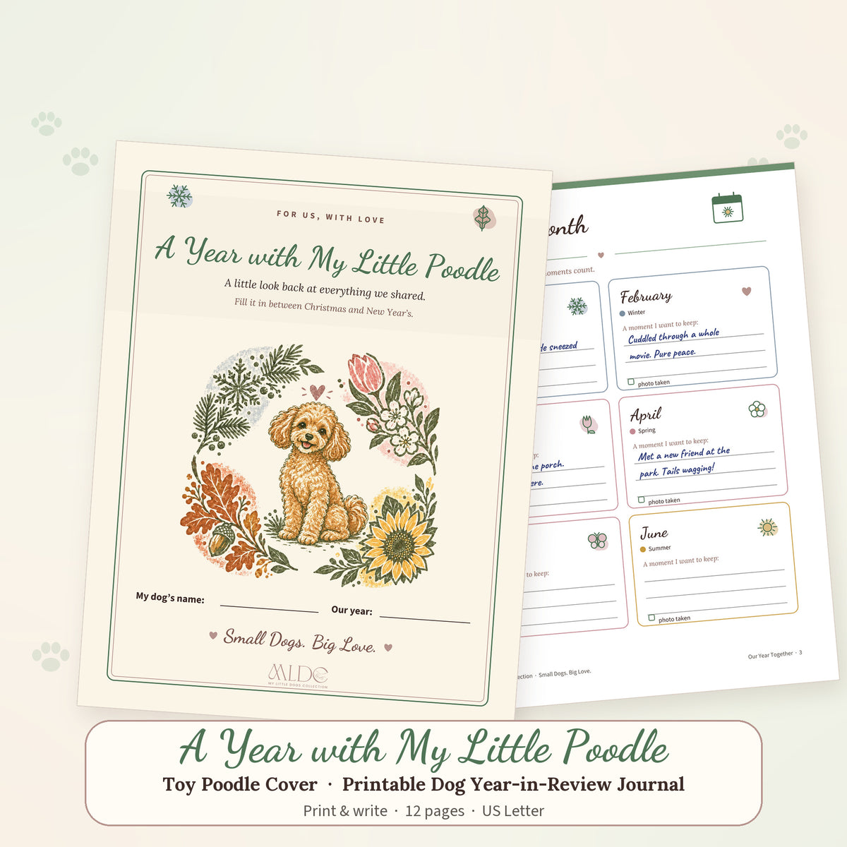 A Year with My Little Poodle printable journal cover showing a Toy Poodle in linocut style among the four seasons, with a sample Month by Month page