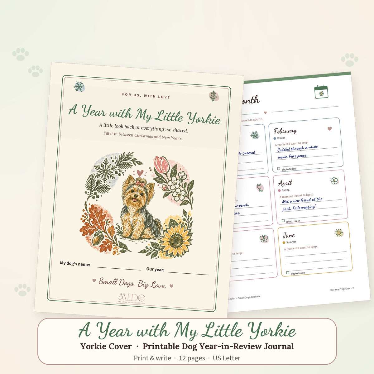 A Year with My Little Yorkie printable journal cover showing a Yorkshire Terrier in linocut style among the four seasons, with a sample Month by Month page
