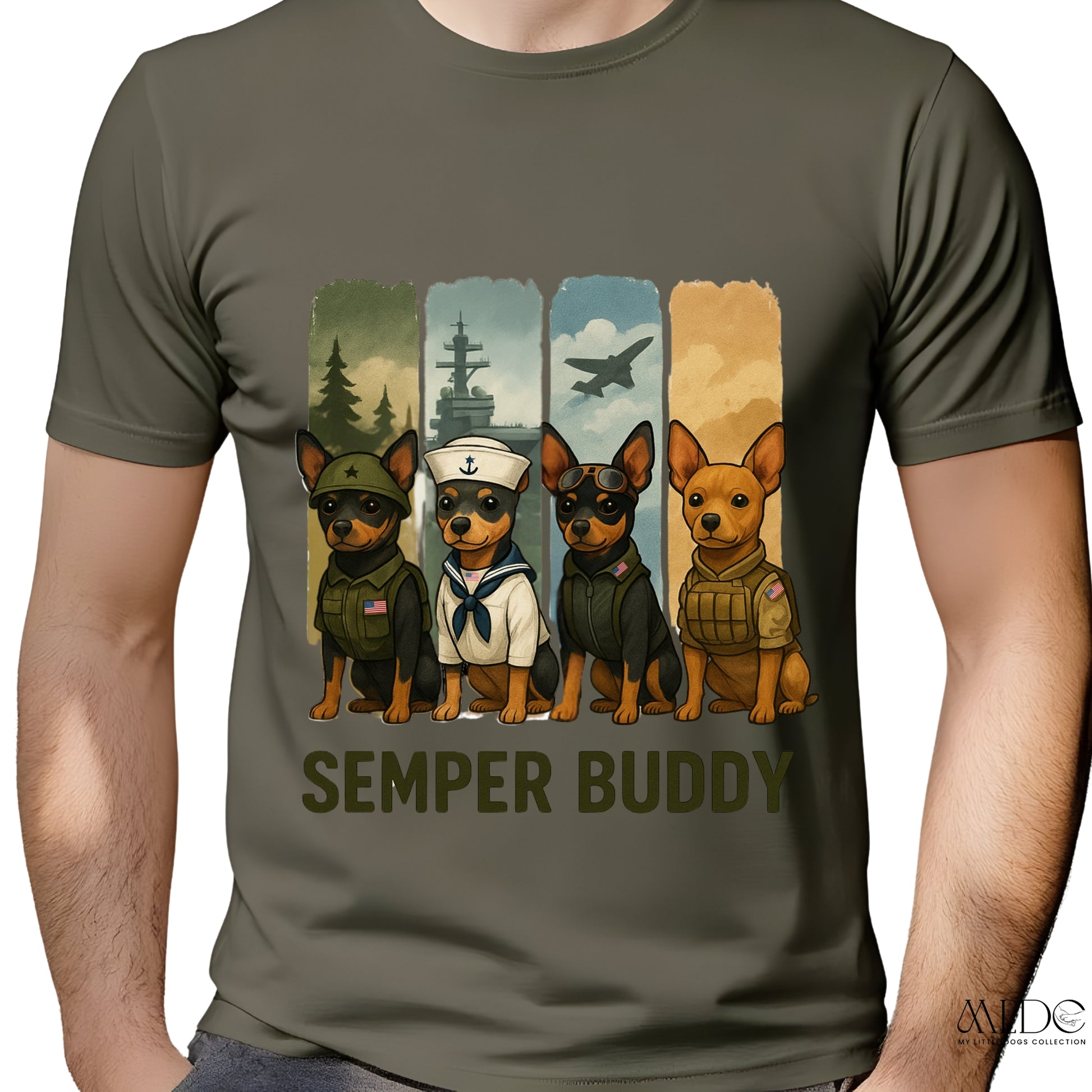 Olive green t-shirt with military-themed dog illustrations and 'Semper Buddy' text.