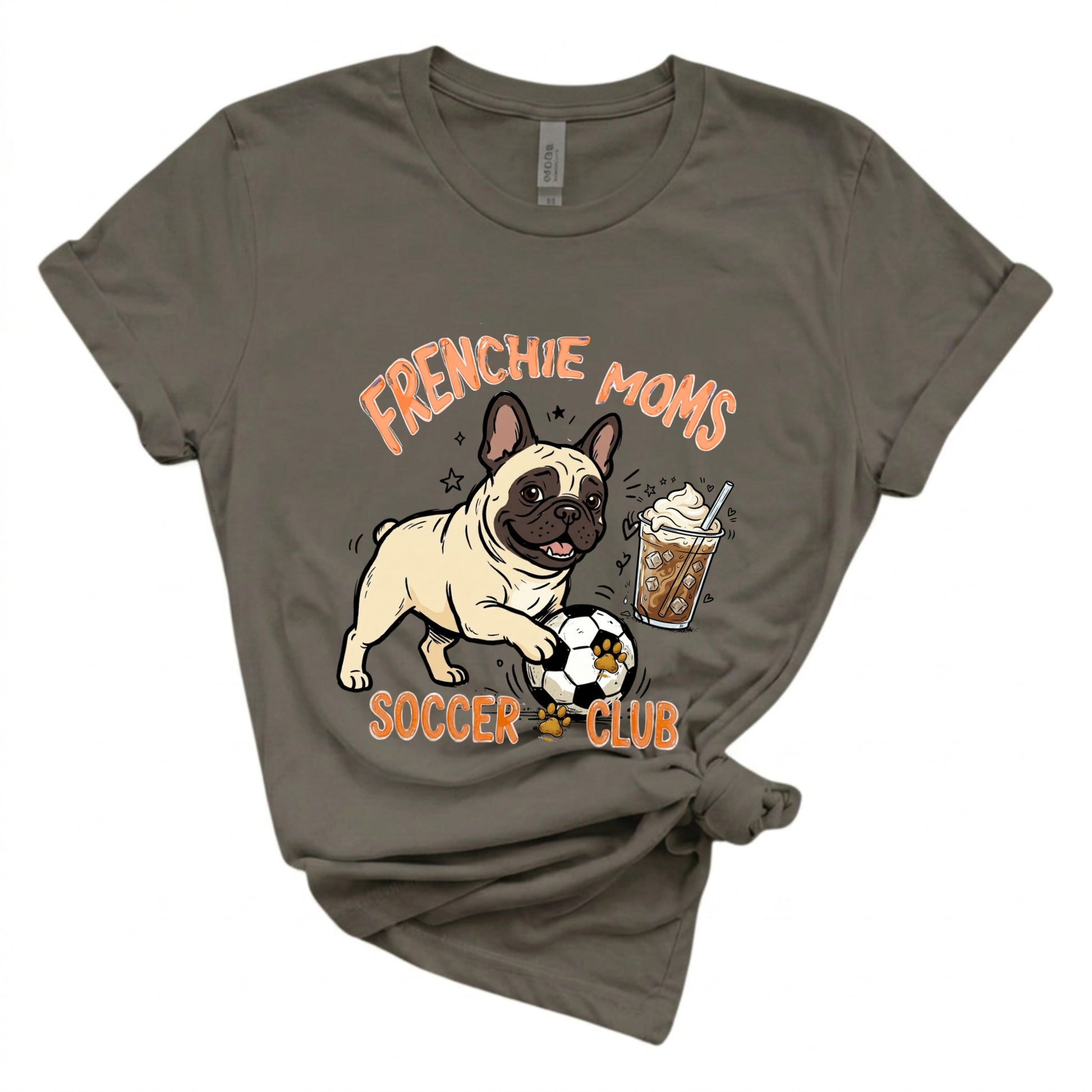 Gray t-shirt with a graphic of a dog, soccer ball, and coffee cup, with text 'Frenchie Moms Soccer Club' on a white background.