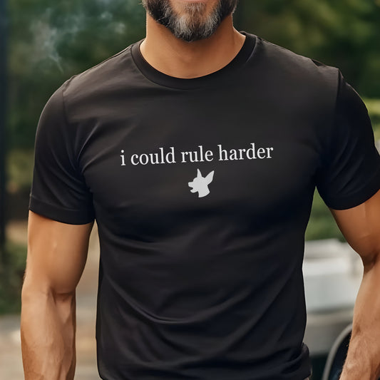 Man wearing a black "i could rule harder" Miniature Pinscher unisex t-shirt outdoors