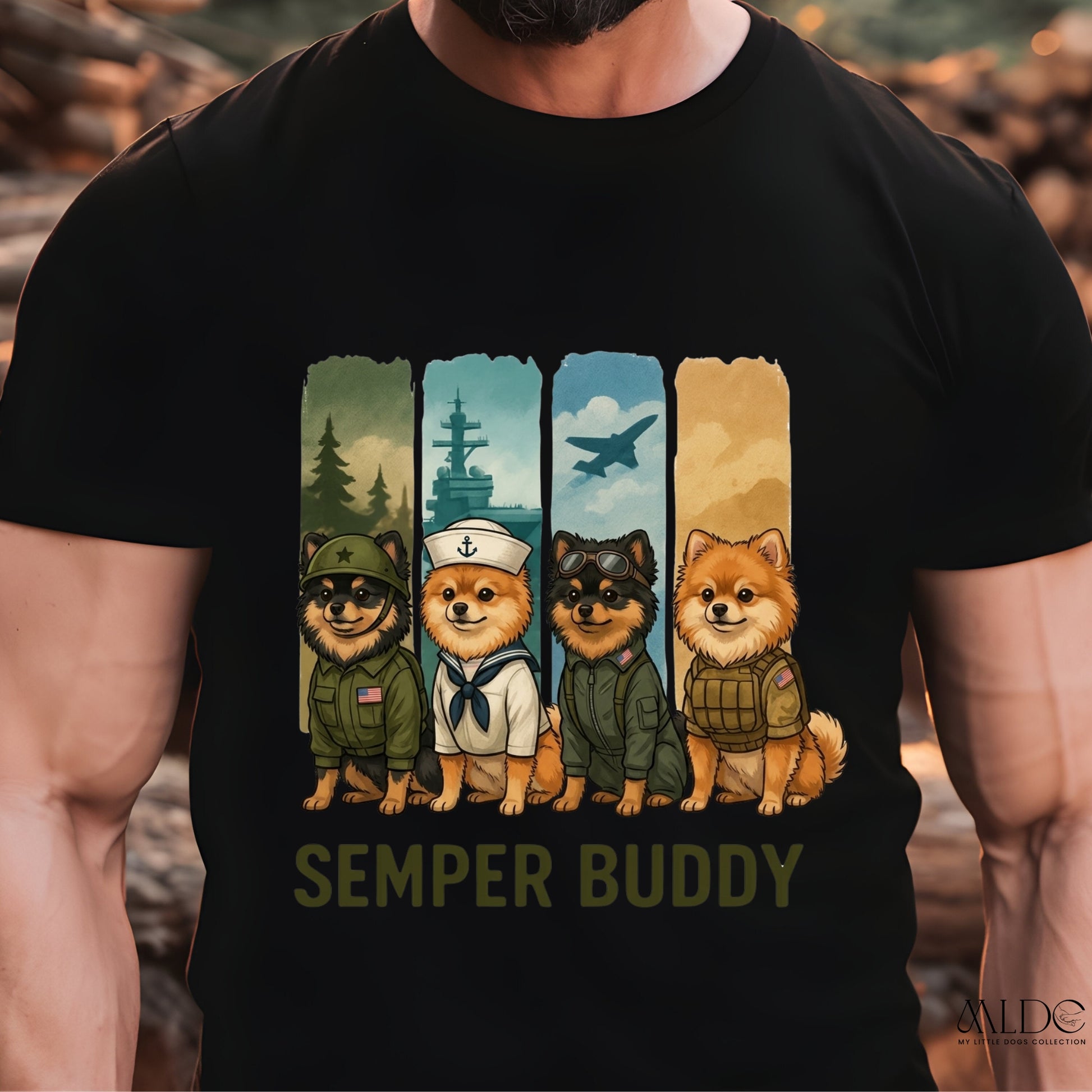 Black t-shirt with 'Semper Buddy' graphic featuring four cartoon dogs in military uniforms.