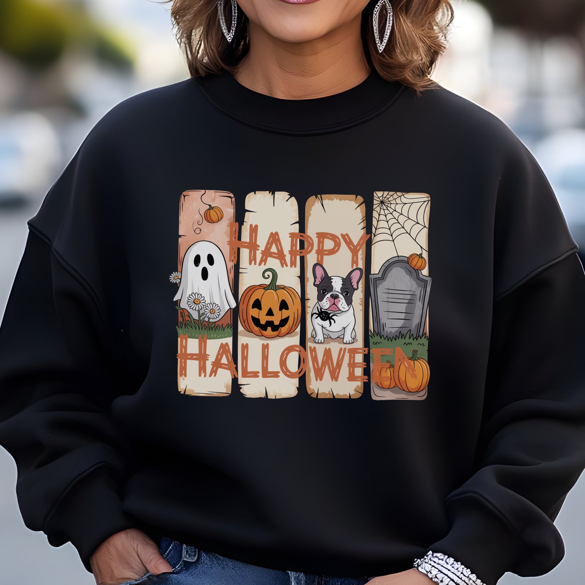 Black sweatshirt with “Happy Halloween” design featuring a ghost, jack-o’-lantern, French Bulldog, gravestone, pumpkins, and cute autumn graphics.