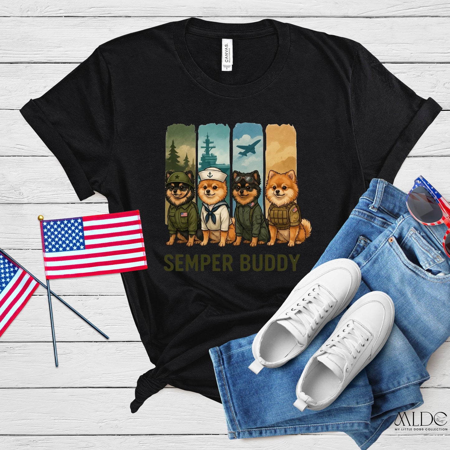 Semper Buddy Pomeranian Premium Tee — Small Dog, Big Patriot