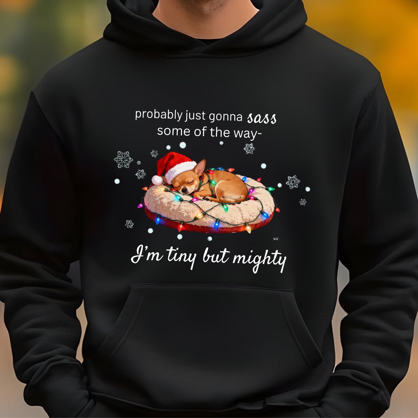 Black hoodie with a graphic of a dog on a Christmas-themed background and text.