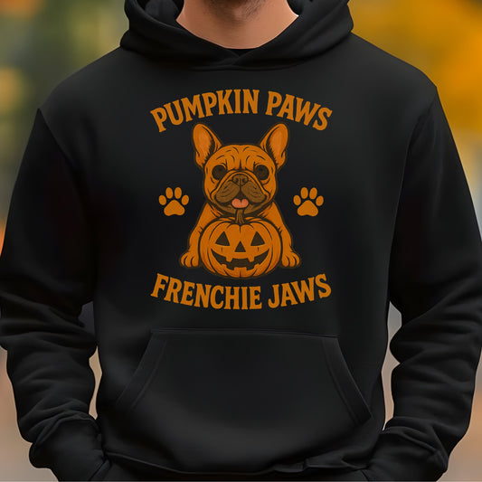 French Bulldog with pumpkin, Halloween-themed, cartoon style, playful and festive