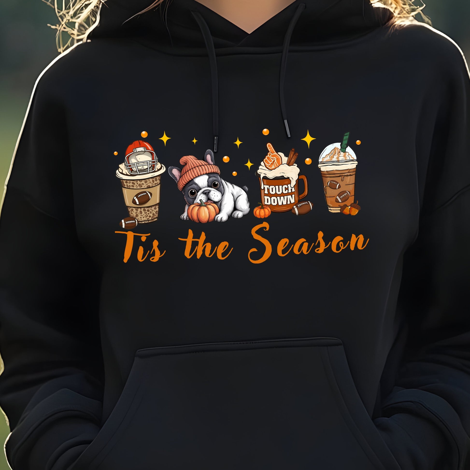 Black hoodie with cute French Bulldog, pumpkin, football mug, autumn drinks and “Tis the Season” text