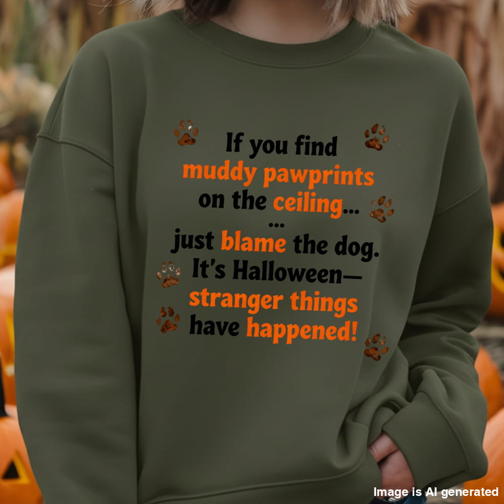 Person wearing a green sweatshirt with Halloween-themed text and pumpkin decorations in the background