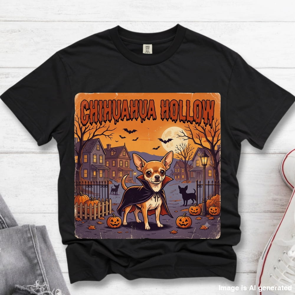 A black short-sleeve graphic T-shirt laid flat on a white wood background, featuring a Halloween-themed chihuahua illustration with pumpkins, haunted houses, bats, and the text 'CHIHUAHUA HOLLOW'.