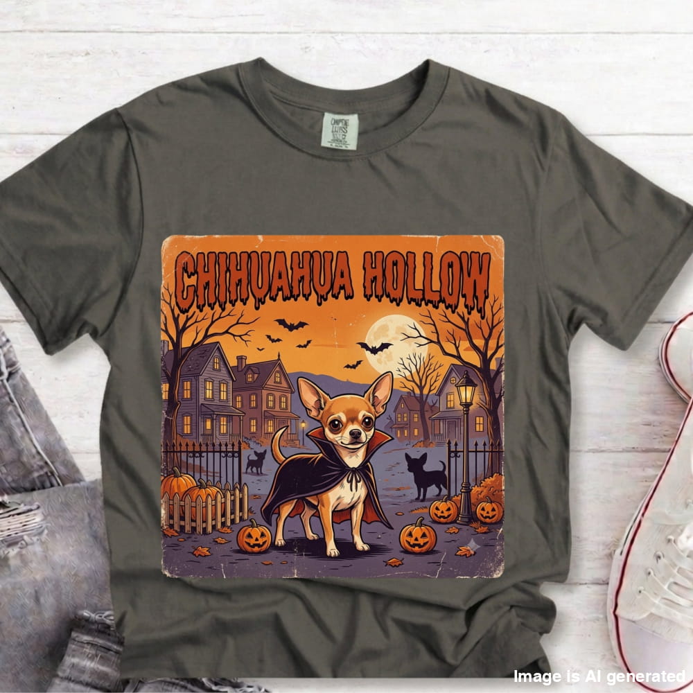 A dark gray t-shirt with a Halloween-themed graphic print of a Chihuahua dressed as a vampire in 'Chihuahua Hollow'. The shirt is styled flat on a white wood background with jeans and a sneaker partially visible.