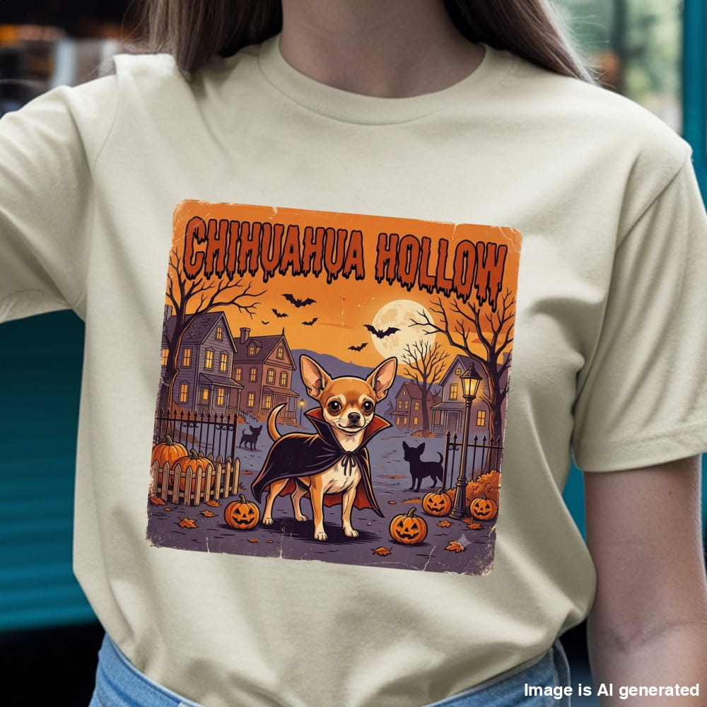 A person wearing a cream-colored t-shirt with a vintage-style Halloween graphic of a Chihuahua dressed as a vampire in 'Chihuahua Hollow'. The person is cropped from the shoulders down, showing the fit of the t-shirt.