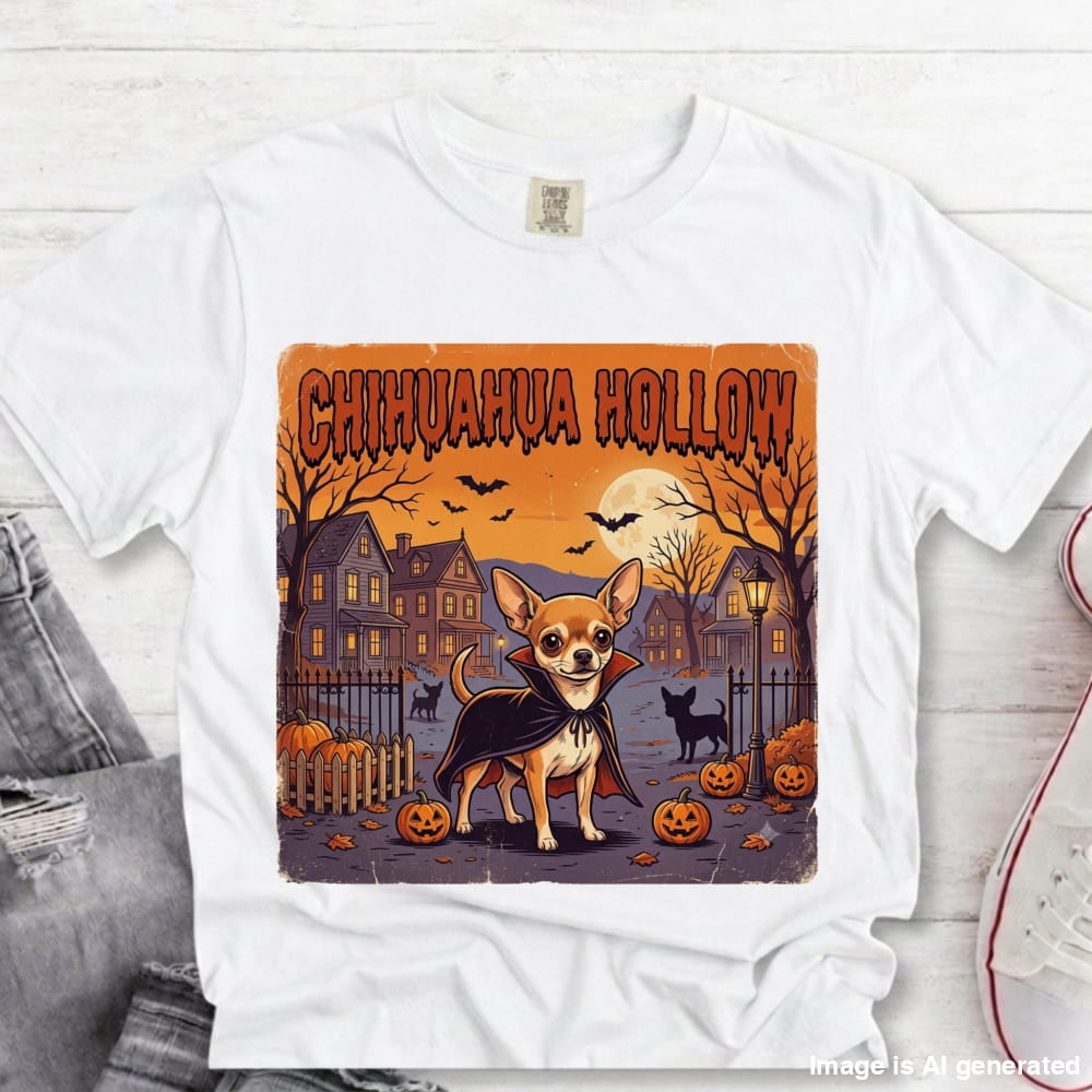 A white short-sleeve T-shirt laid flat on a light wood surface, featuring a large Halloween graphic of a chihuahua dressed as a vampire in front of haunted houses, pumpkins, bats, and a full moon. The text 'CHIHUAHUA HOLLOW' appears across the top of the print.