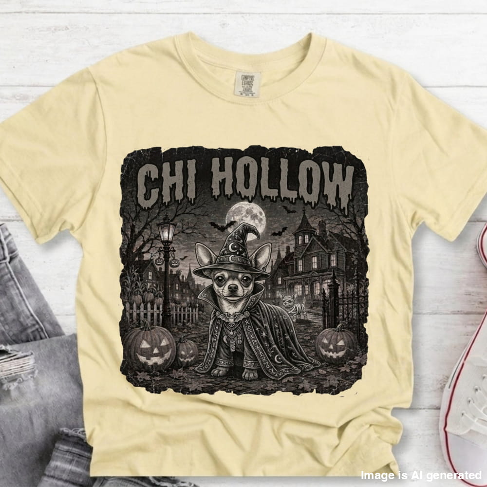 A pale yellow graphic t-shirt featuring a black and white illustration of a Chihuahua dressed as a witch in a spooky Halloween scene with the text 'CHI HOLLOW'. The shirt is styled flat on a white wood background with jeans and a sneaker partially visible.