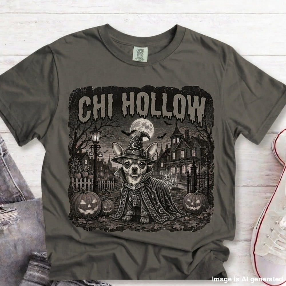 A dark gray graphic t-shirt featuring a dachshund dressed as a witch with the text 'WEENIE HOLLOW' on a distressed Halloween-themed background, styled flat on a white wood plank surface with jeans and a sneaker partially visible.