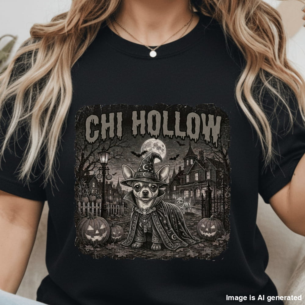 A woman wearing a black short-sleeve graphic T-shirt with a Halloween-themed illustration of a chihuahua dressed as a witch, surrounded by pumpkins, bats, and a haunted house. The text 'CHI HOLLOW' is printed above the character.