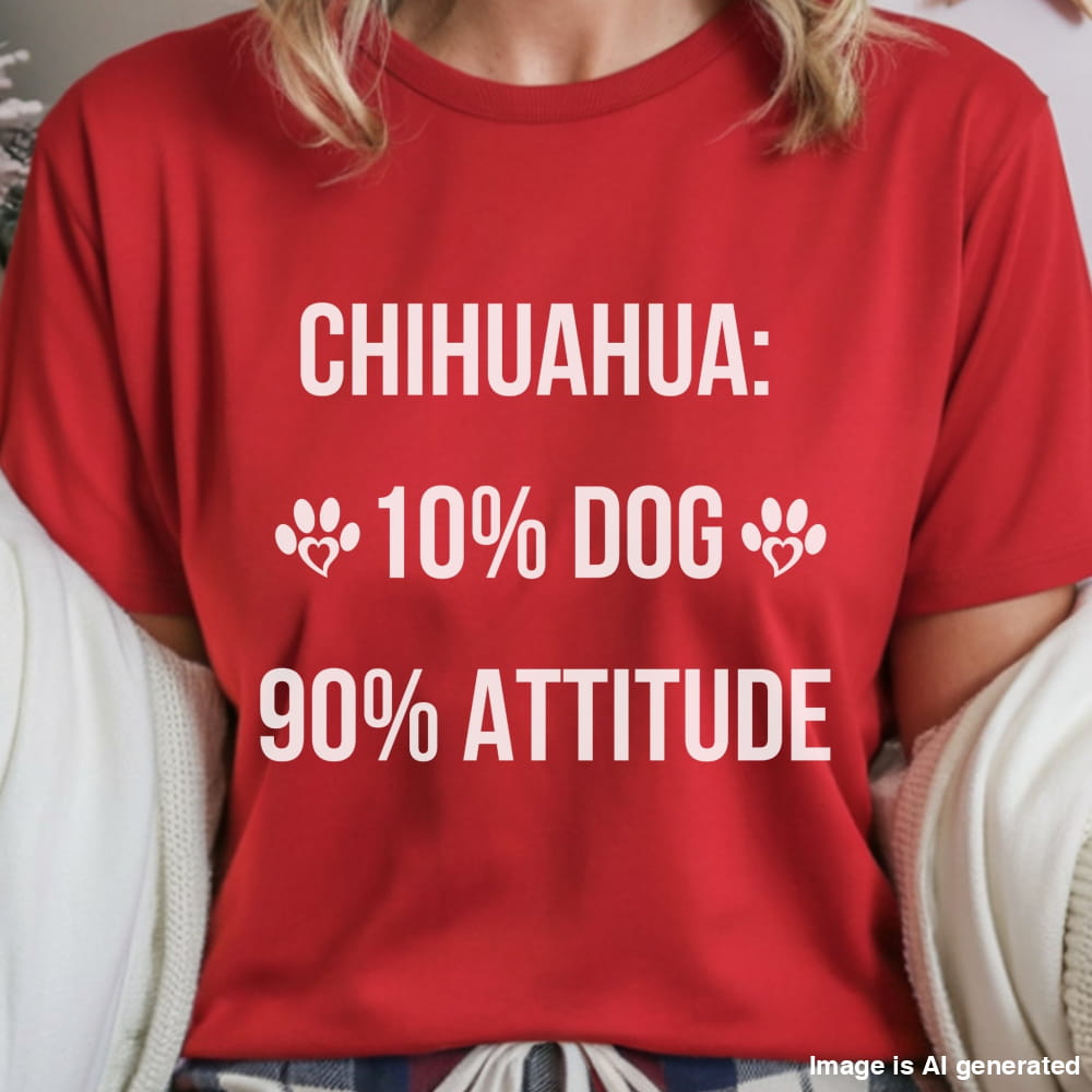 Red t-shirt with white text 'CHIHUAHUA: 10% DOG 90% ATTITUDE' worn by a person.