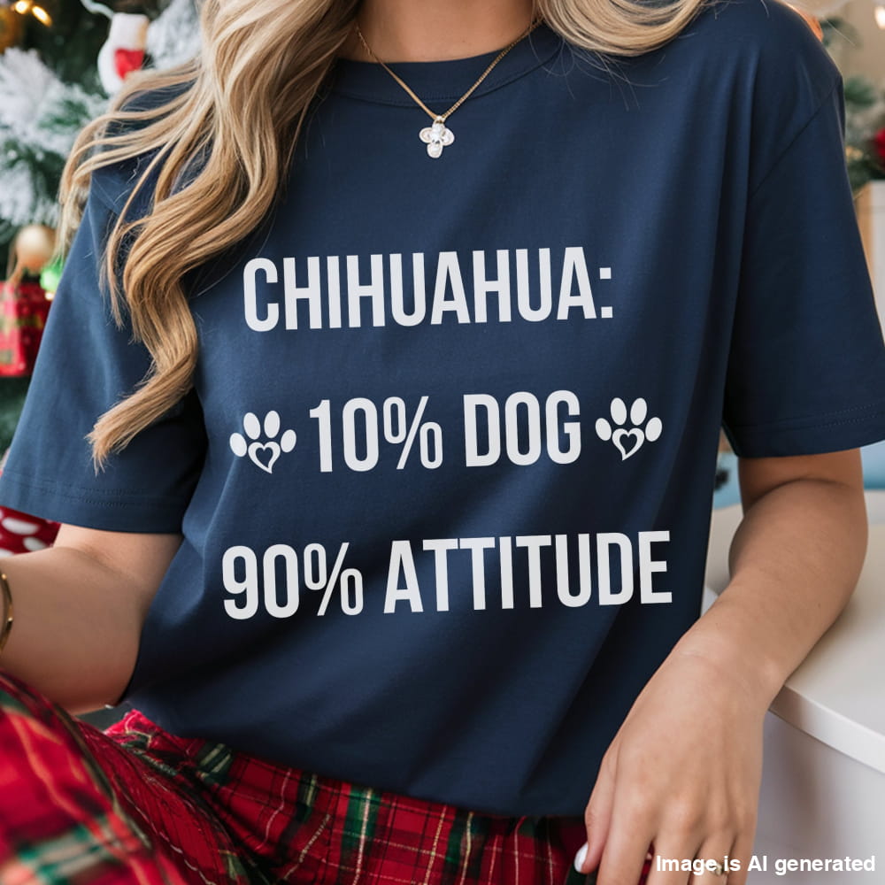 Person wearing a navy blue t-shirt with humorous text about Chihuahuas.