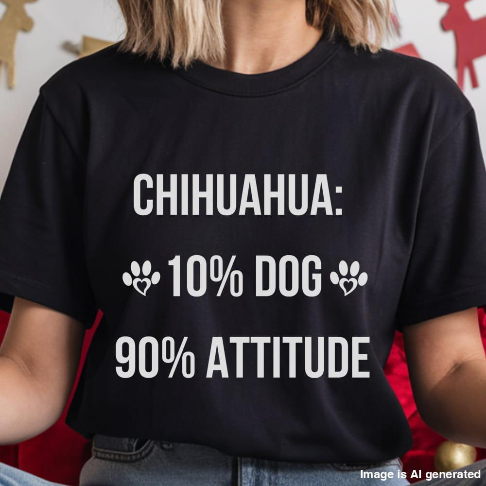 Person wearing a black t-shirt with white text about Chihuahuas.