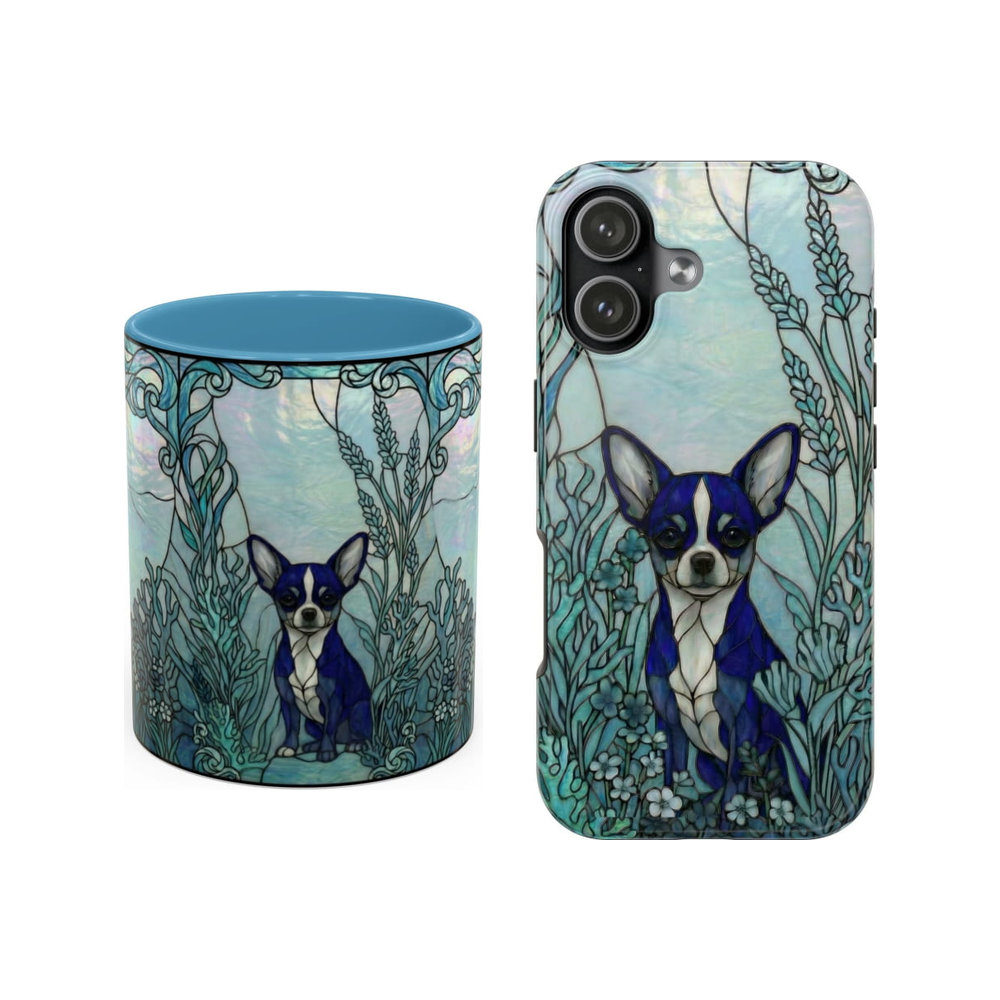 Chihuahua Alert & True stained glass style mug and phone case set on a white background.