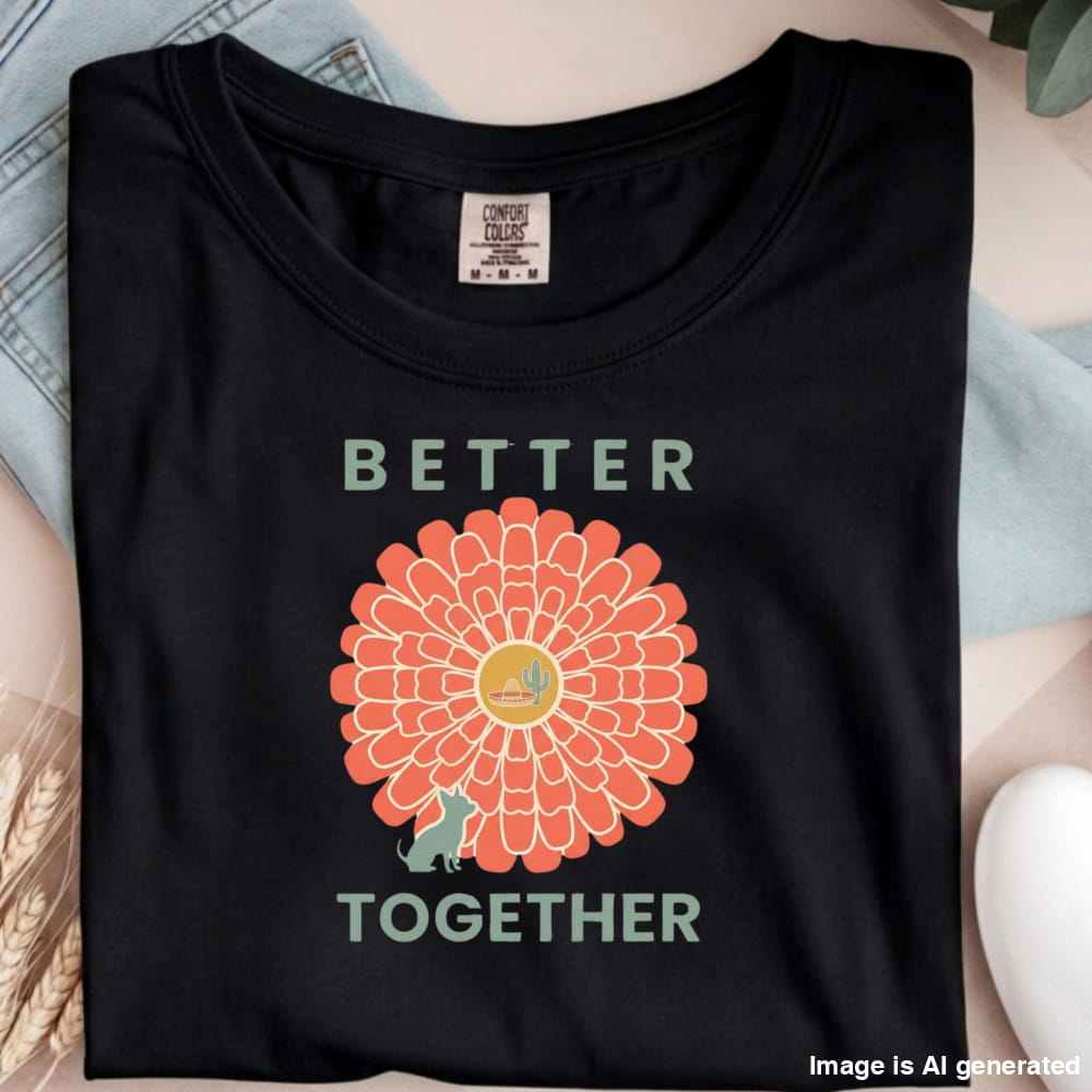 Black t-shirt with a sunflower graphic and 'Better Together' text on a light blue fabric background.