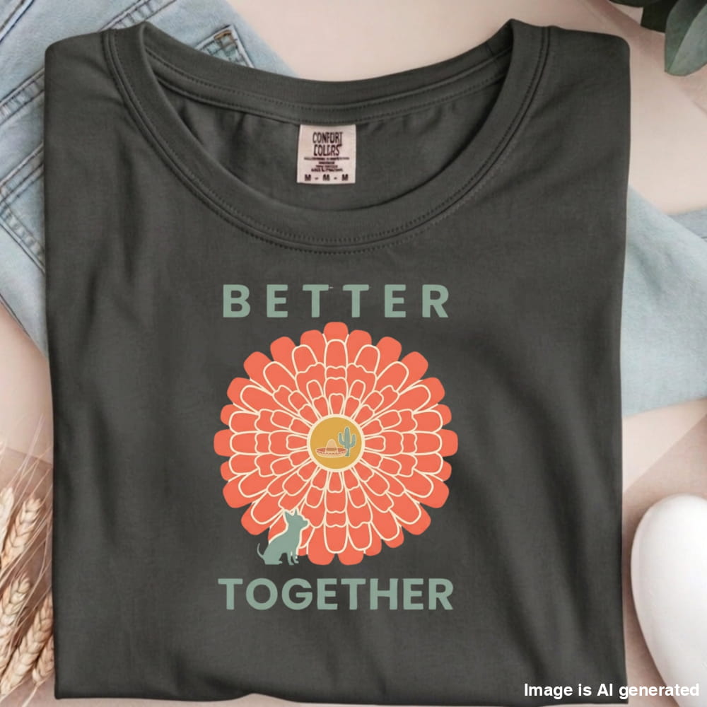 Dark gray t-shirt with a sunflower graphic and 'Better Together' text on a light blue fabric background.