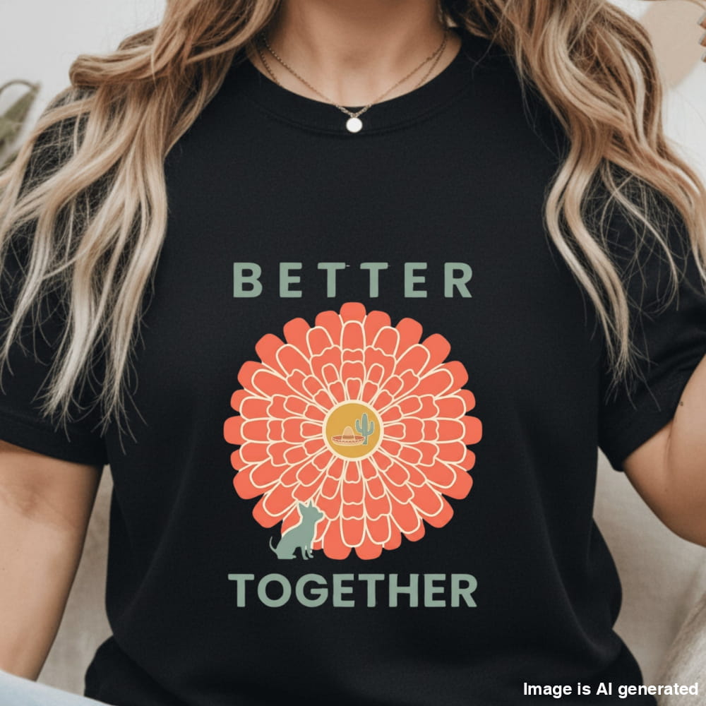 Person wearing a black t-shirt with a floral design and 'Better Together' text.