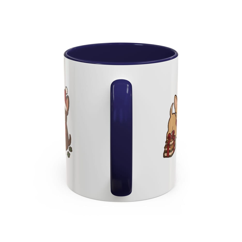 White ceramic mug with a navy interior and navy handle, back view with partial Chihuahua illustrations on either side of the handle.
