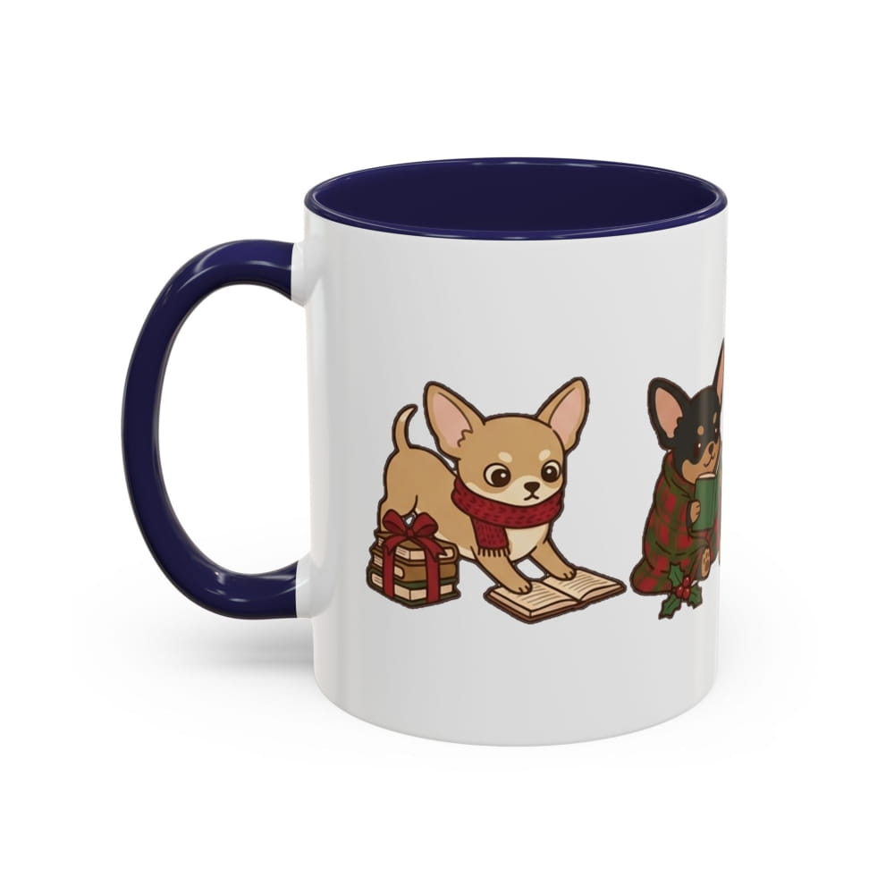 White ceramic mug with a navy interior and navy handle, showing a tan Chihuahua in a red scarf beside a wrapped gift and a black-and-tan Chihuahua in a plaid blanket.