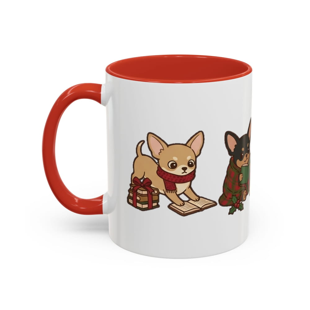 White ceramic mug with a red interior and red handle, showing a tan Chihuahua in a red scarf beside a wrapped gift and a black-and-tan Chihuahua in a plaid blanket.